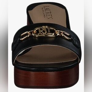 Lauren Ralph Lauren Black Leather Slide with Gold Chain Detail